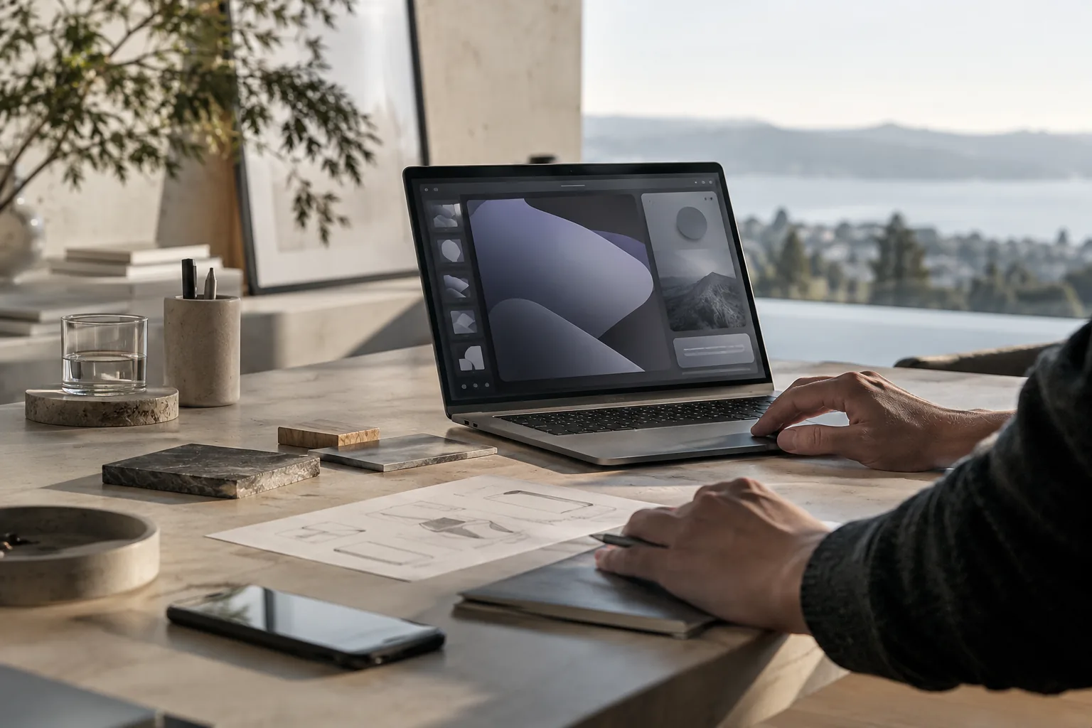 Notebook s návrhem rozhraní digitálního produktu na pracovním stole